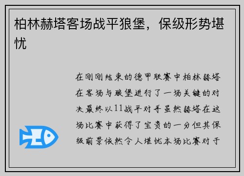 柏林赫塔客场战平狼堡，保级形势堪忧
